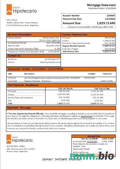 Argentyna Bank Hipoteczny wyciąg z kredytu hipotecznego szablon Word i PDF